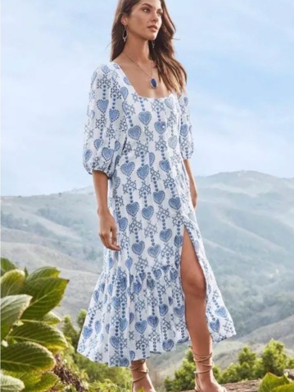 Johnny Was Blue and White Heart-Print Midi Dress